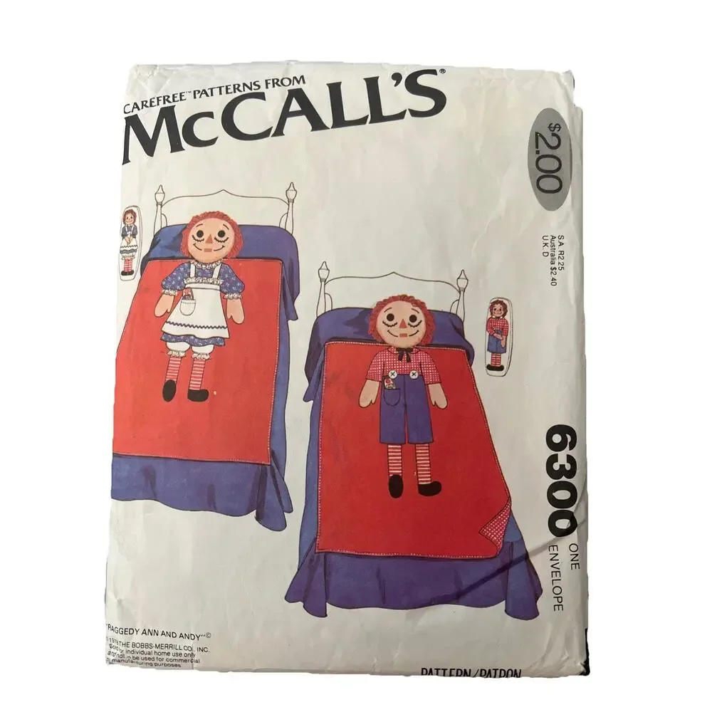 Vrg 70's McCall's 6300 RAGGEDY ANN & ANDY Appliques Twin Quilt & Pillow Pattern